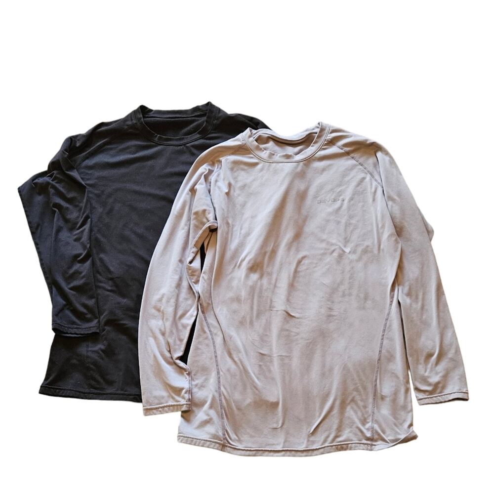 Set of Devops 2XL Men's compression long sleeved shirts, one black, one gray.